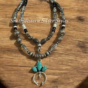 Navajo Pearls Tsosie Crown Turquoise Sterling Silver Squash Blossom Necklace